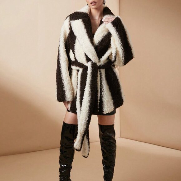 Black And White Casual Women's Colorblock Luxurious Long Sleeve Fluffy Coat - Picture 3 of 8